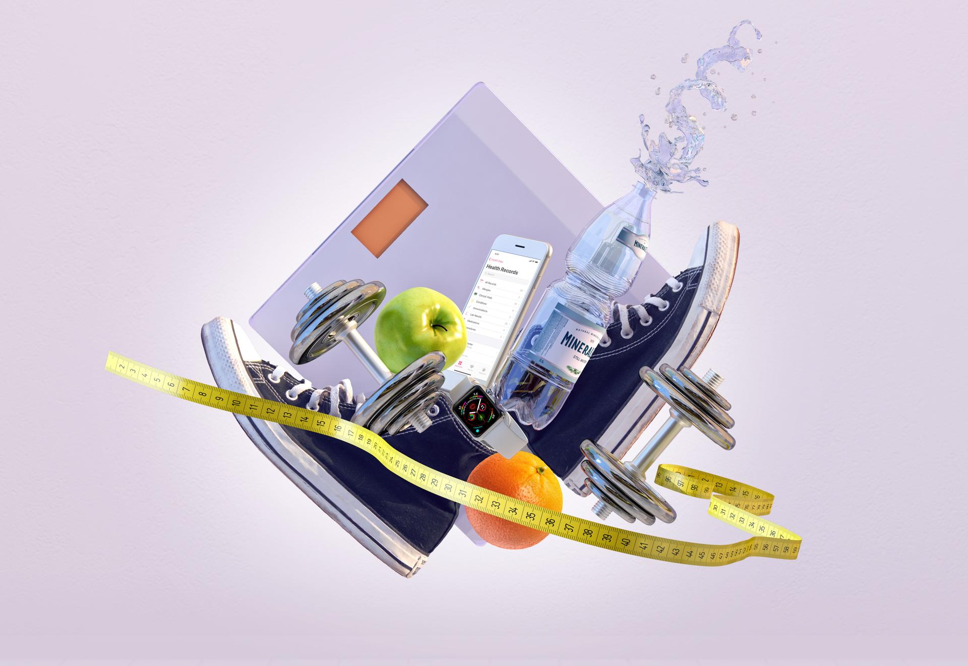 Fitness and wellness concept with dumbbells, sneakers, smart watch, scale, smartphone, fruits, and water bottle